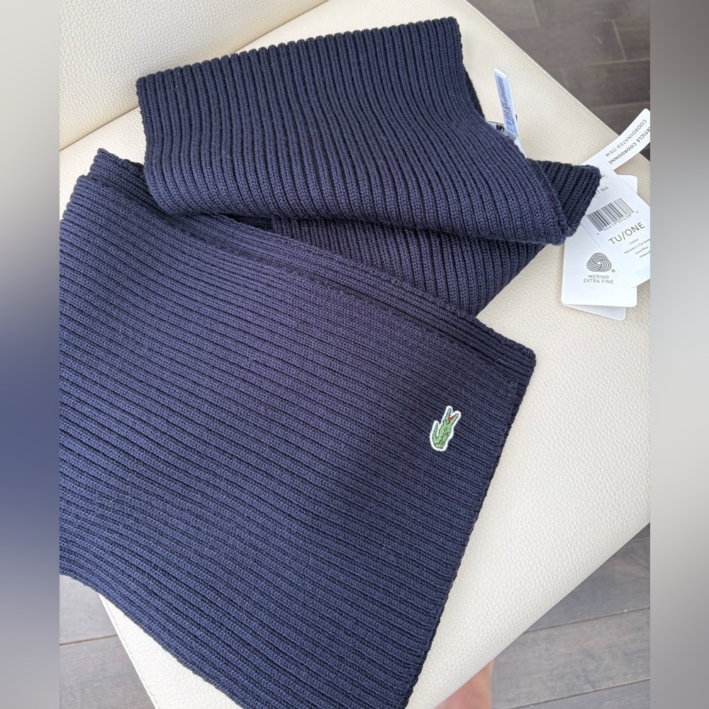 Lacoste Navy Ribbed Merino Wool Fine Knit Scarf